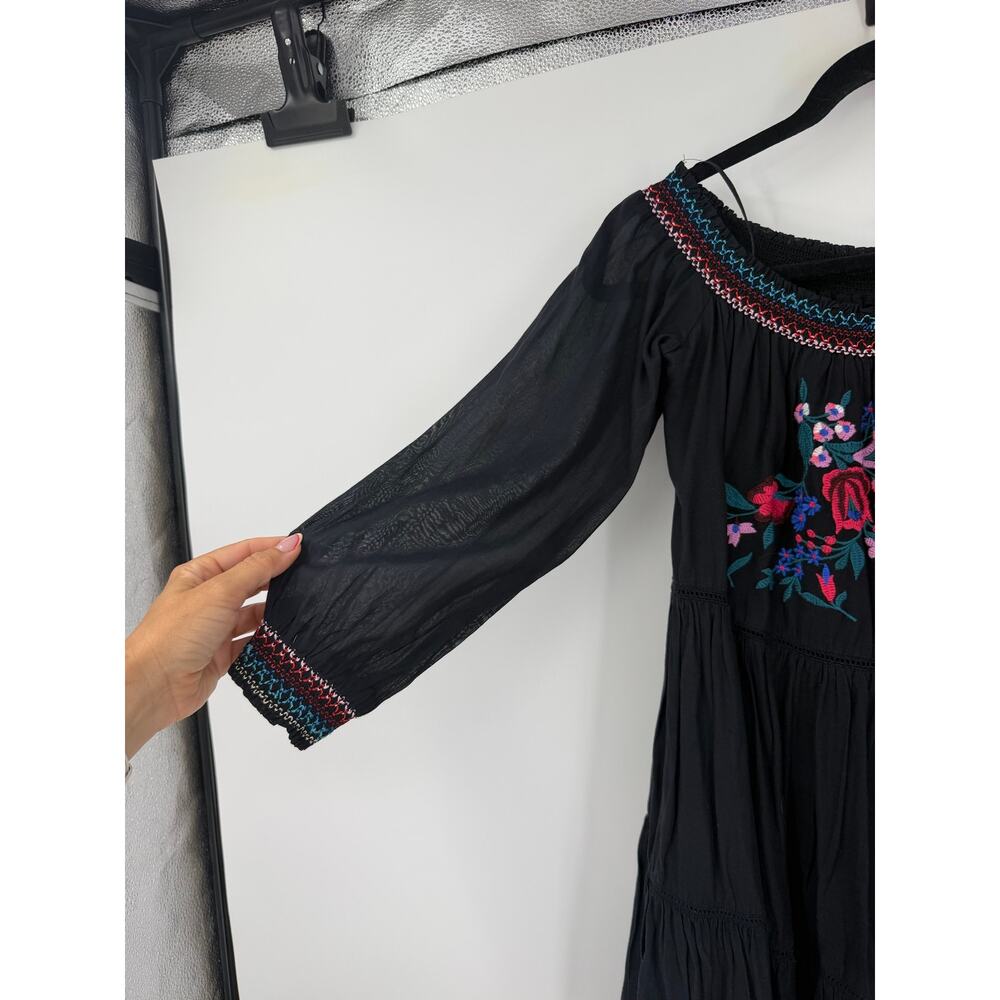 FREE PEOPLE Womens Size S Sunbeams Minidress Black Embroidered Off Shoulders - Picture 6 of 13